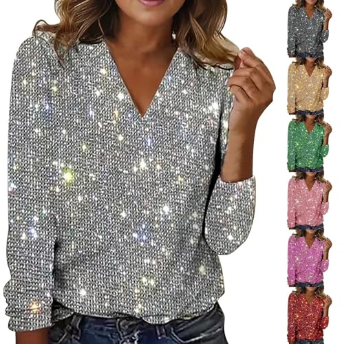 Tunique pour femme avec paillettes, haut à col en V, décontracté, uni, manches longues, blouses amples pour femme, tunique scintillante, tops, paillettes, pull pour femme, taille élégante S-XXL, or