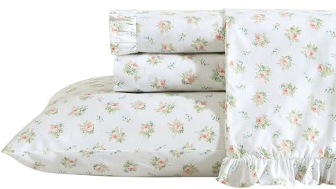 Laura Ashley Bettwäsche-Set für Queensize-Bett, atmungsaktive Perkal-Baumwolle, Fadenzahl 200, Florale Heimdekoration (Roseford-Orange, Queen)