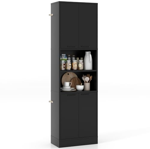 COSTWAY Credenza da Cucina, Mobile Buffet Alto con 2 Armadi a Doppia Porta e 2 Mensole Aperte, per Soggiorno, Cucina e Sala da Pranzo, 56 x 30 x 190 cm (Nero)