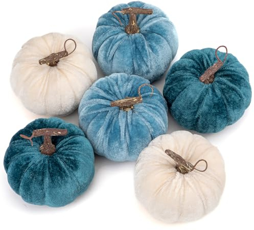 Oairse Decorazioni per la casa, 6 zucche finte in velluto blu e bianco, decorazione per autunno, raccolto, Ringraziamento, Halloween, centrotavola, mensola, decorazione per casa colonica (10 cm)