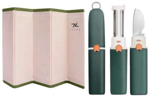 ZAJUX Foldable Cutting Board Great for Fruits-Veggies, Includes Built-in Peeler, Grater and Small Knife with Bottle Opener, Ergonomic Design for Kitchen and Travel, Color May vary on Green or Orange.