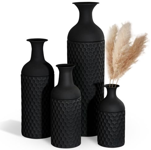 Large Black Vases, 69/51/42/30 cm Floor Vase, 4 Pieces Modern Honeycomb Texture Metal Flower Vase for Living Room Home Corner Hallway Decor （with frosted surface）