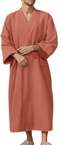 YCBMINGCAN Peignoir léger pour homme en coton, peignoir de sauna fin de style kimono, peignoir long avec col en V et ceinture, peignoir japonais pour spa, sauna et été, Orange, L