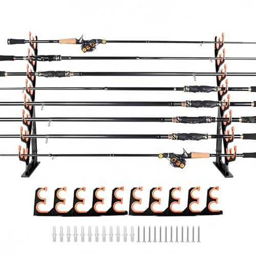 Fishing Rod Holders and Stand, Wall Ceiling Mount Organiser for 10 Rods and Combos with Silicone Protection,Space Saving Garage Organisation and Boat Fishing Gear Storage Solution for Home, Shed