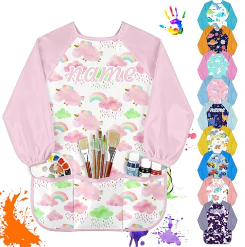 Oscolewis Personalised Kids Art Smock with Name Toddler Smock Waterproof Long Sleeve for Artist Washable Painting Apron with 3 Pockets