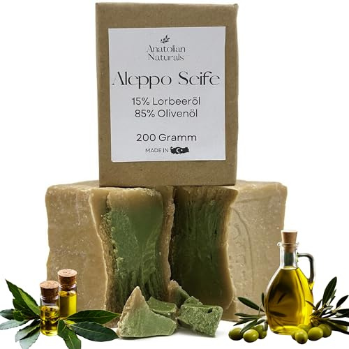 Original Aleppo-Seife 15% Lorbeeröl 85% Olivenöl ANATOLIAN NATURALS 4 x 200 Gramm - Naturseife, Haarseife, Gesichtsseife, Körperseife (4)