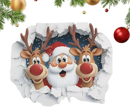 Weihnachtsmann Bricht Ziegelsteine Wandtattoo, 3D Effekt Selbstklebend Weihnachts Cartoon Design, Weihnachtszeit Rentier Tür Aufkleber, Für Wohnzimmer Zuhause Studentenzimmer Büro Studierzimmer