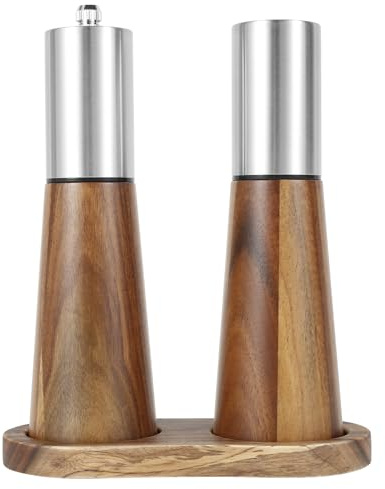 Ensemble salière et moulin à poivre, salière en bois avec plateau et couvercle en acier inoxydable, salière et poivrière rechargeables avec broyeur en céramique haute résistance pour ustensiles de
