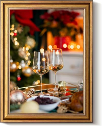 Vintage Gold Framed Wall Art Decor Retro Festive Christmas dinner table white wine glasses roast goose turkey c Canvas Paintings Picture Poster Prints for Bathroom Living Room Bedroom Kitchen Artwork