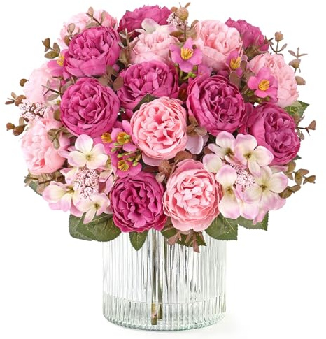 DEMIUKO 2 Bunches Peony Artificial Flowers Bouquets Rose Red Wedding Deko | Dainty Faux Peonies, Fake Rose, Silk Flowers for Bud Vase, Wedding Bouquet, Home Decor, Table Centerpiece, Floral Arrangement