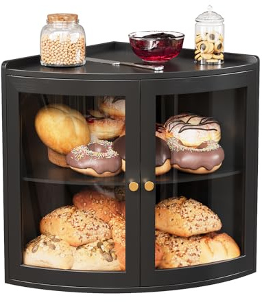 VEDECASA Bambus Eck-Brotkasten für die Küche Doppelstöckiger Brotkasten mit großem Stauraum und transparenter Acryl-Tür Platzsparende Brotbox für die Arbeitsplatte, Schwarz 31x31x38cm