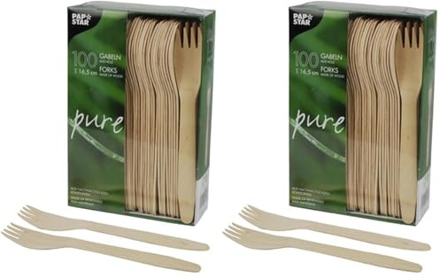 Papstar Holzgabeln/Einweggabeln pure (100 Stück) Länge 16.5 cm aus natürlich hellem Birkenholz für Grillfeste oder Geburtstage, stabiles Einweggeschirr, splitterfreie Verwendung, #18199