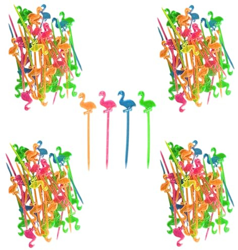 200 pinchos de plástico para alimentos, pickers de fiesta, palillos de cóctel, pinchos de queso, aperitivos, sin BPA, reutilizables, 8,2 cm (flamenco B)