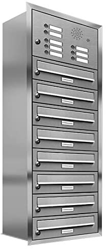 AL Briefkastensysteme, 8er Unterputzbriefkasten, Briefkasten mit Klingel, 8 Fach, Briefkastenanlage modern, rostfrei Edelstahl Postkasten