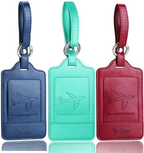 Teskyer 3 Piezas Identificador Maletas Viaje, Etiquetas para Equipaje de Cuero de PU, Etiquetas de Equipaje con Tarjeta de Identificación de Nombre, Notable, Duradero