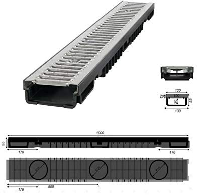 JeCo - Entwässerungsrinne Regenrinne Bodenrinne - Länge: 1 m/Höhe: 55 mm - Edelstahl 1,5 T (A15)