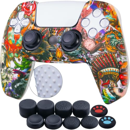 YoRHa Water Transfer Printing Silicone Thickened Cover Skin Case for PS5 Controller PlayStation 5 Controller x 1(Beasts) with Thumb Grips x 10
