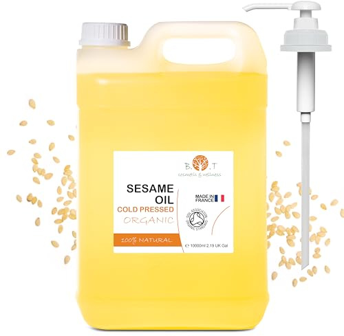 100% Olio di sesamo biologico puro e naturale, estratto dalla spremitura a freddo dei semi di sesamo. Certificato biologico. Cura della pelle e dei capelli. Olio per massaggi ayurvedici - 10000 ml