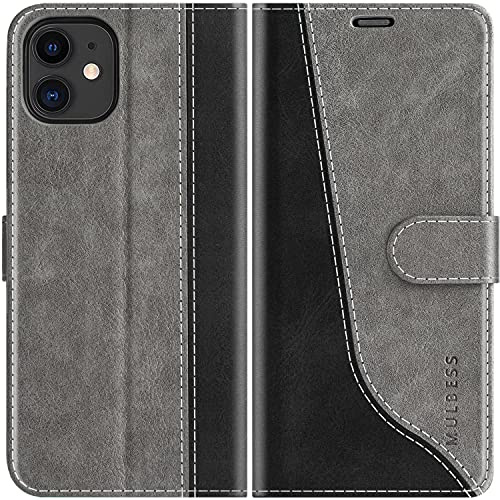 Mulbess für iPhone 11 Hülle, Handyülle Leder mit Kartenfach, Klapphülle mit Magnetverschluss, Flip Case Etui Handytasche Schutzhülle, Stilvoll Grau