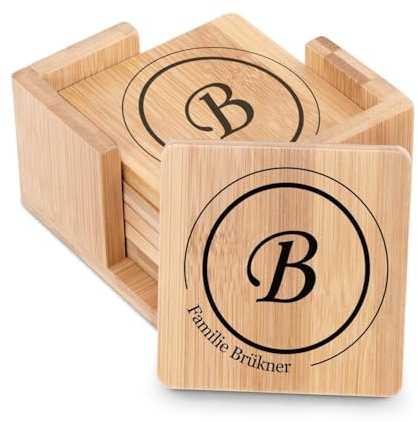 Maverton 6er Untersetzer Set mit Gravur - personalisiert - aus Bambus - mit Halter - Geschenke für Paare - Hochzeitsgeschenke - Geschenkidee für Duos - Naturfarbe - Monogramm