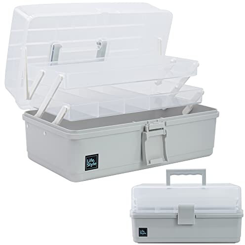 Creahaus 33cm 3-Regal Mehrzweck-Aufbewahrungsbox, Sortierbox, Organizer Box, Bastelbox, Nähkasten, Medizinkoffer, Toolbox, Angelkoffer mit 2 Regalen (Grau)