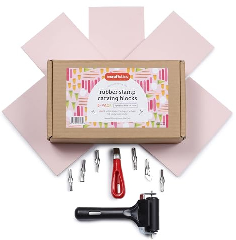 Incraftables Linocut Block Printing Kit for Stamp Making - 5 Soft 4x6 Rubber Blocks, 6 Carving Blades, & Brayer Roller -Linoleum Block Printing Stamp Kit for Beginners, Adults Crafts