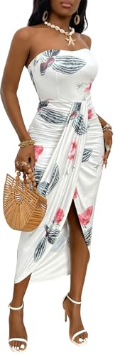 Umenlele Women's Strapless Ruched High Waist Wrap Split Asymmetrical Beach Maxi Long Dress White Floral#3 Large