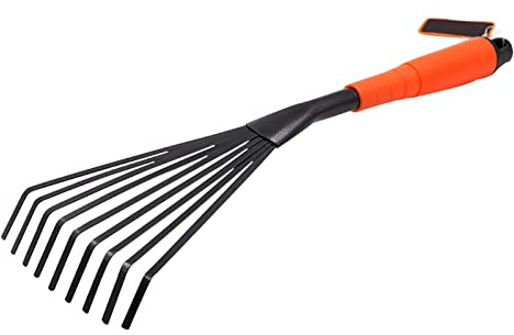 Mini rastrillo de jardín, rastrillo de hojas de ventilador de mano de hierro de 9 raíces con mango ergonómico Rastrillo de mano para arbustos para jardín Patio Trasero, barrido, recolección, herramien