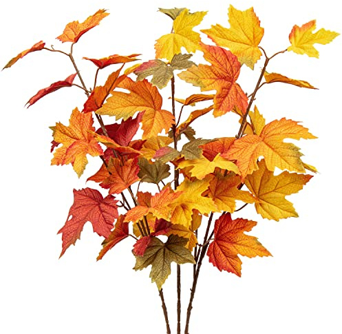 Hollyone 3 rami di foglie di acero artificiali, steli di foglie di acero finto per decorazioni autunnali, cespugli di acero finto per il Ringraziamento, festival, feste, matrimoni, fai da te,