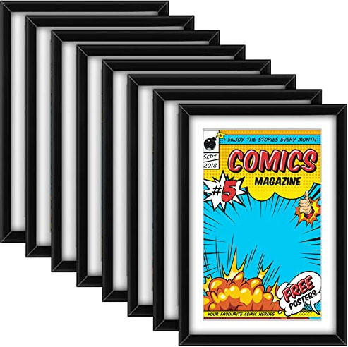 Geetery 8 Pack Comic Book Rahmen UV Schutz Display schwarz (weiß matt) | Magazin-Bild-Display, passend für Stromstärken bis zu 17,1 x 26 cm, Wand- oder Tisch-Display, mit Federclip installiertem
