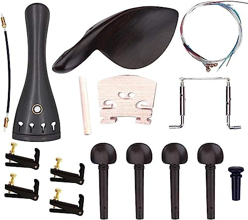 TUOREN Violin Parts & Accessories Kit with Violin Ebony Chin Rest, Tailpiece, Tuning Pegs, Endpin,Tunners, Tailgut, String and Maple Bridge for 4/3 4/4 Violin Replacement Part 16pcs