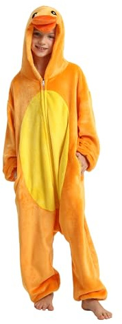 LONULAIN Unisex Kids Animal Oneise Pajamas, Boys Girls Flannel Hooded Halloween Cosplay Costume/Homewear/Sleepwear (Duck,7-8 Years)