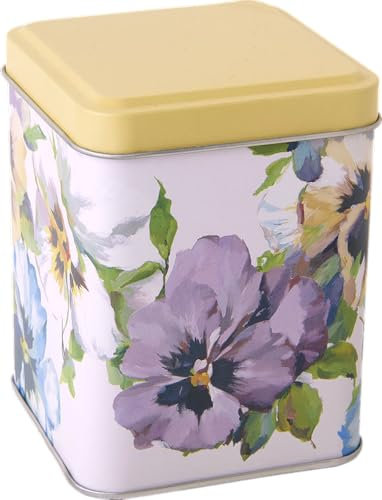IHR Pansy/Viola Floral Design - Retro/Vintage Style Square Lid 100 g Tea Caddy/Kitchen Storage Tin - Multi-coloured - 10 cm