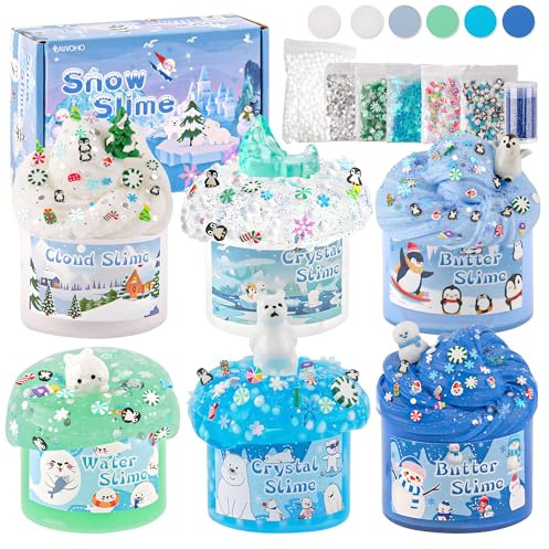 LAWOHO 6er-Pack Schnee Fluffy Cloud Wolkenschleim, Clear & Butter Schleim, Water Slime, Snow Kinder Slime mit Add-ins, Geburtstag & Weihnachten Geschenk für Mädchen & Jungen