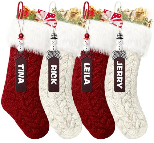 SOMYTING 4 Stück Weihnachtsstrumpf Gestrickte Wolle Weihnachtsstrumpfe mit Schneemann Namensschildern Weihnachtssocken Deko Christmas Stockings Weihnachtsfeier Weihnachtsdekorationen