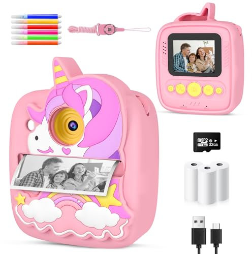 Appareil Photo Instantané Enfants, 1080P HD 48MP Appareil Photo Enfants avec 32GB Carte & Étui Protection en Silicone Unicorn, Cadeaux de Noël Cadeaux d'anniversairepour Garçon Filles 3-12 Ans