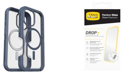 Otterbox Bundle Defender Series XT MagSafe Hülle für iPhone 16, stoßfest, Ultra-robust, schützende Hülle, Transparent/Blau & Premium Glass Displayschutz