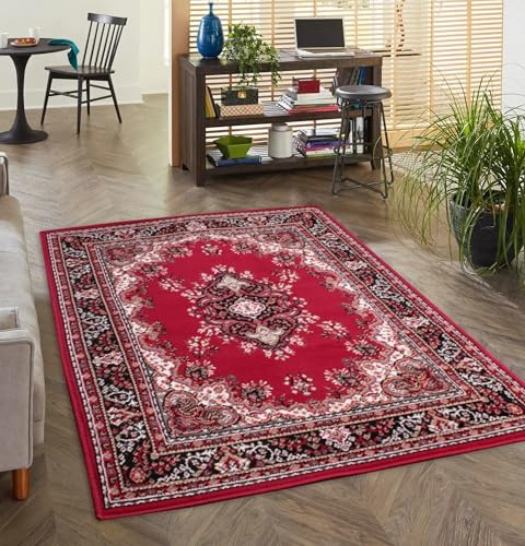 Lord of Rugs Lancashire Traditional Rug for Living Room, Bedroom, Hallways Lounge Classic Carpet Floral Bordered Medallion Oriental Rug Red, X-Large 200x290 cm (6'7x9'6)