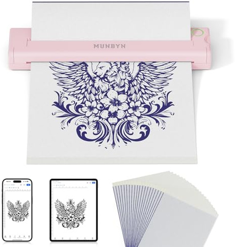 MUNBYN ITP05 Stampante Stencil Tattoo, 20 Fogli di Carta da Stampante Tattoo, Stampante Termica Tattoo Stampante Bluetooth, Compatibile Con Smartphone, PC, Rosa
