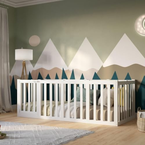 Crazy Pine Kinderbett 90x190 cm – Montessori Bodenbett mit Hohem Rausfallschutz 73cm und Öffnbarer Barriere - Weiß mit Glatter Oberfläche - Perfekt für Jungen und Mädchen Crazy John