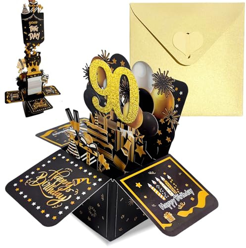 Pop Up Karte Geburtstag 90. Schwarzgeld,3D Geburtstagskarte für Mädchen Jungen Happy Birthday Karte mit Umschlag und Notizen,Geburtstagskarte Kinder Erwachsene Geburtstagsgeschenk Geburtstagsdeko
