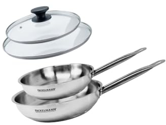 Fackelmann Fackelmann Eterna 9438050 Lot de 2 poêles de 20 et 24 cm en acier inoxydable 18/8 et 2 couvercles en verre Fackelmann Eterna, poêle pour tous types de feux, poêle à induction, sans PFAS