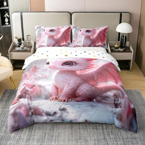 Homewish Drache 100% Baumwolle Bettbezug Wilde Safari Bettwäsche Set 155x220 für Kinder Kinder Skala Zweige Blumen Schnee Träumige Fatansy Ästhetische Rosa Tröster Abdeckung Atemfähig Bett Set