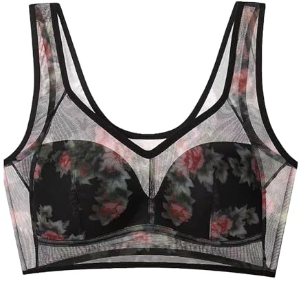 Womens black floral mesh bra with sheer overlay and soft wireless cups, longline bralette with stretch back and scoop neck design, ideal for layering under shirts or light outerwear