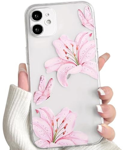NITITOP Cover per iPhone 12 Mini Carino Fiore di Giglio, Rosa | Trasparente Farfalla Motivo, per Donne Ragazze, TPU Morbido, Anti Ingiallimento Anti-Graffio, Protezione Antiurto Custodia