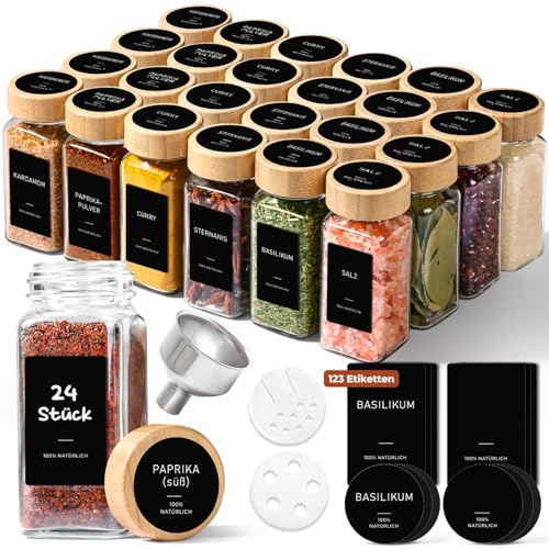 ComSaf Spice Jars with Label 4 oz 24Pcs, Glass Spice Jars with 6 Extra Shaker Inserts and 93 Labels, Seasoning Set with Bamboo Lids and Metal Funnel, Square Containers for Organization, Salt, Pepper