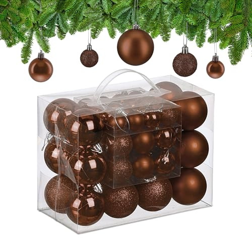 Relaxdays Palline di Natale, Set 50 Palle Albero, Addobbi Natalizi, Sfere in Plastica Opache, Lucide e Glitter, Marrone