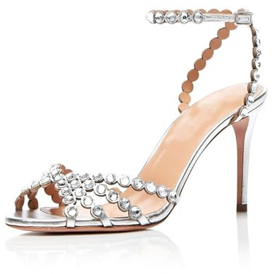Sandales à Talons Aiguilles à Bout Ouvert et Strass Tendance, élégantes Sandales d'été à Talons Hauts et Brides à la Cheville, Chaussures de Mariage Confortables et habillées,Argent,37 EU