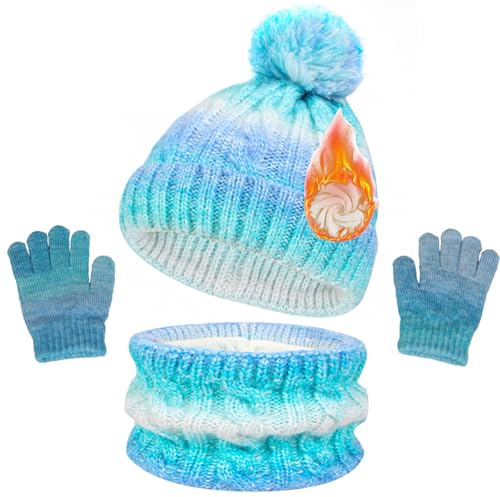 YAQUEKOU Kinder Wintermütze Schal Handschuhe Set Warme Strickmütze mit Fleece Gefüttert für Mädchen Jungen 5-12 Jahre, Winter Beanie Hut Handschuhe Set Bekleidung