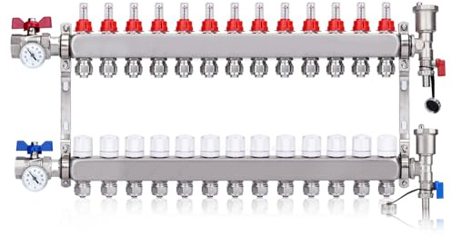 Heizkreisverteiler mit Eurokonus 3/4(16x2mm) + 1 Kugelhähne + Thermometer | 13 Heizkreise Fußbodenheizung mit Manueller Entlüfter, Flussmesser Durchflussmesser, 30 x 1,5 mm, Edelstahl HKV Verteil